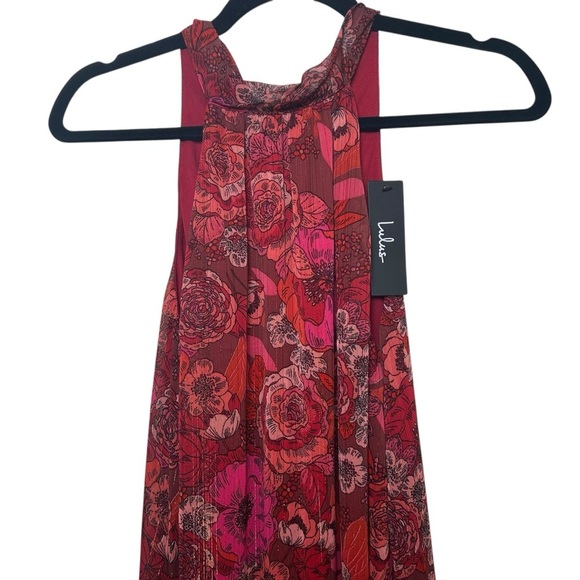 NWT Lulus Standout Aesthetic Red Floral Lurex Halter Tiered Midi Dress small - Picture 6 of 10